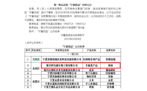 伊百盛“奧林牌羊胎素產品”被評為“寧夏優品產品”榮譽稱號